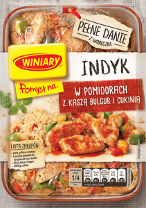 Pomysl na indyk w pomidorach z kasza bulgur i cukinia 35g